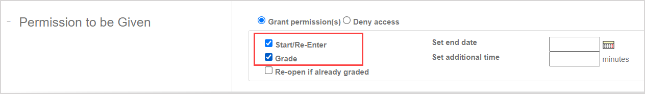 The checkbox options Start Re-enter and Grade is highlighted.